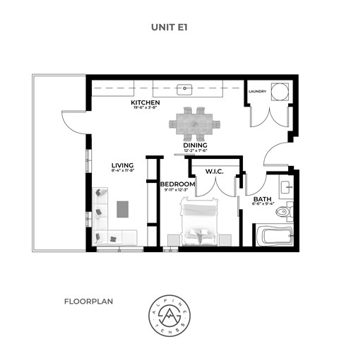 A floor plan of a unit with a living room, dining room, kitchen, bathroom and laundry.